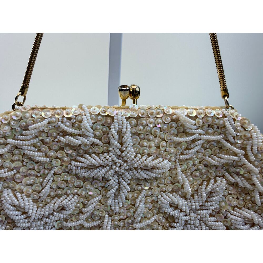 Vintage White Beaded Sequin Evening Bag Handmade in Hong Kong Bridal Glam Prom - Picture 3 of 13